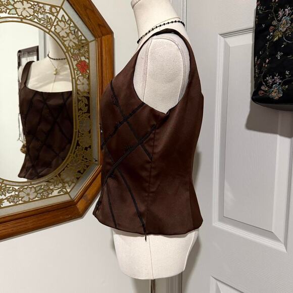 VTG Y2K Sandra Darren Dark Brown & Black Beaded Abstract Tank Top 8/M - Picture 4 of 8